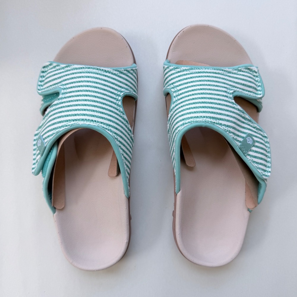 Spenco Women 6D Mint Green White Striped Orthotic Adjustable Slide Sandals Wide